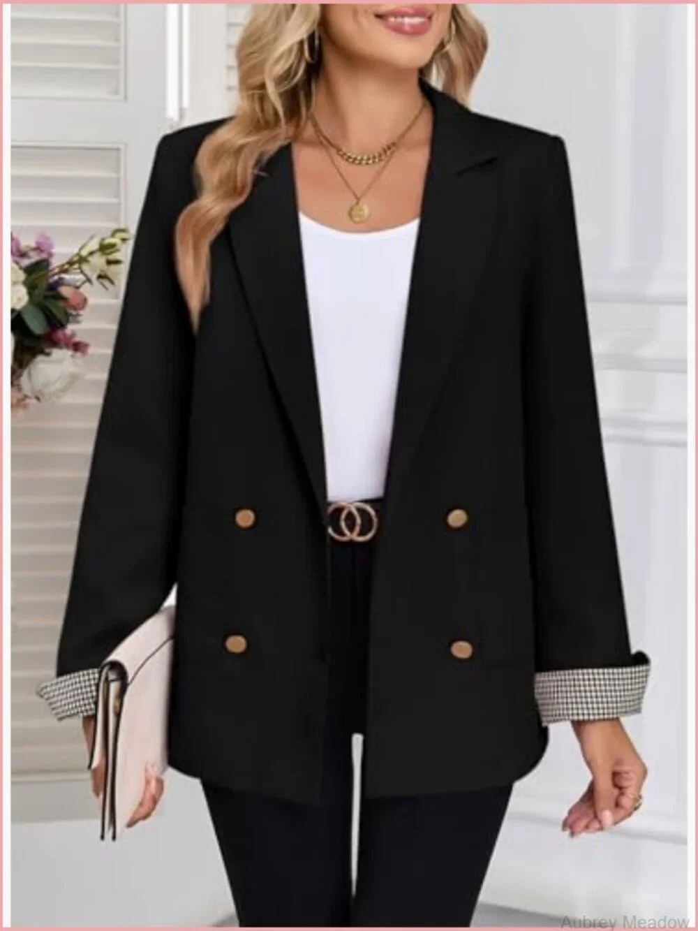 Womens Plaid Blazer Double Breasted Open Front Business Casual Office Suit